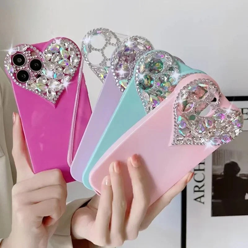 Love Heart Rhinestone Protect Lens Phone Case For IPhone 17 16 15 14 13 12 11