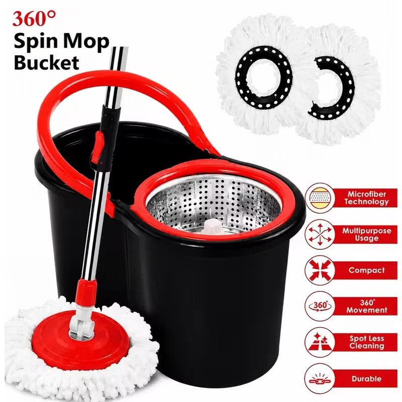 360° FLOOR MAGIC SPIN MOP BUCKET SET PREMIUM ROTATING DRY HEADS WITH 2 HEADS