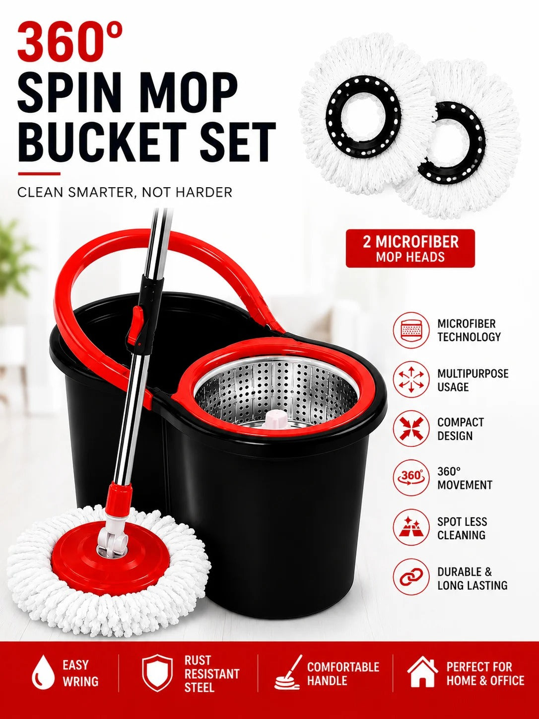 360° FLOOR MAGIC SPIN MOP BUCKET SET PREMIUM ROTATING DRY HEADS WITH 2 HEADS